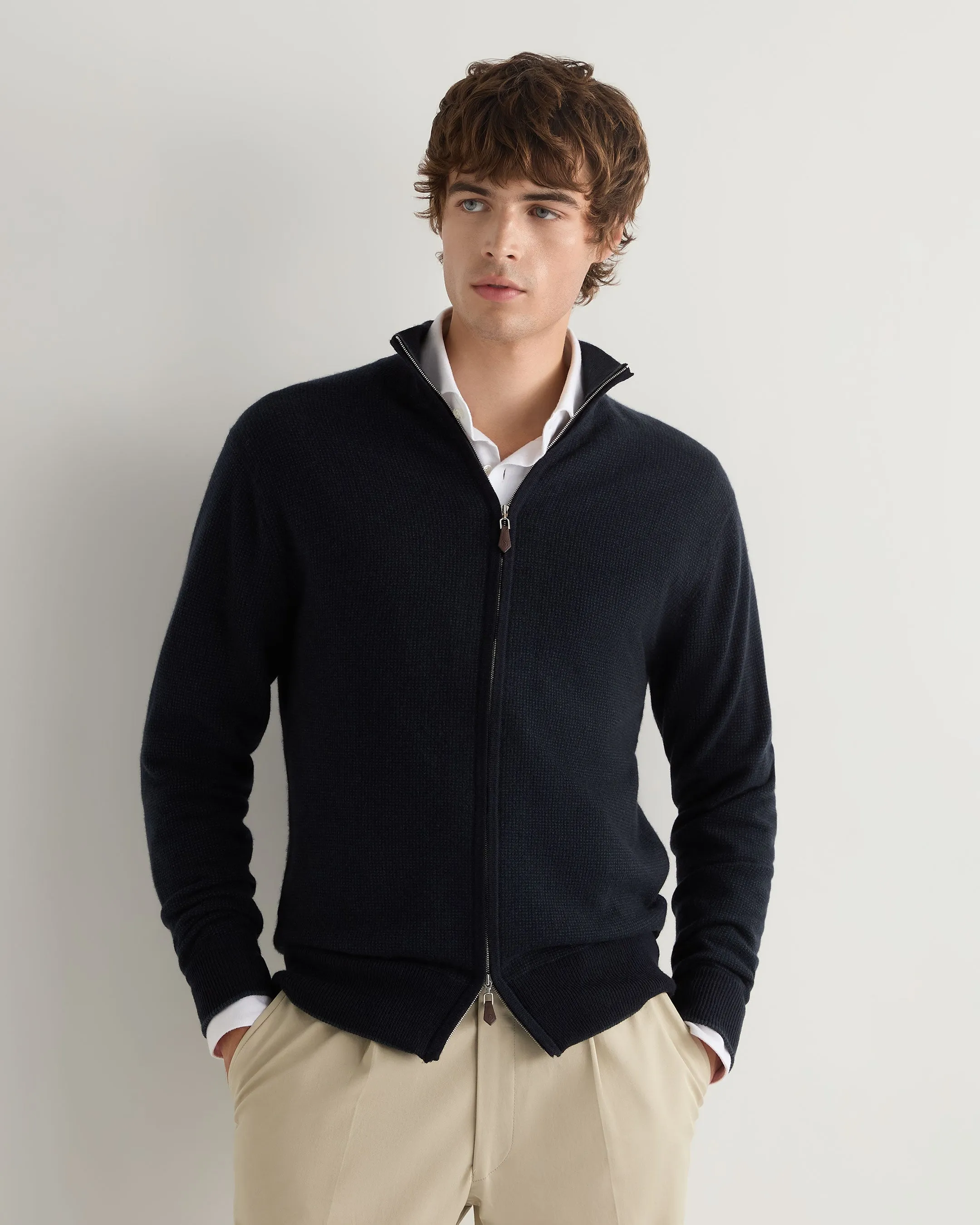 Men's Knightsbridge Birdseye Full Zip Cashmere Jumper Navy Blue