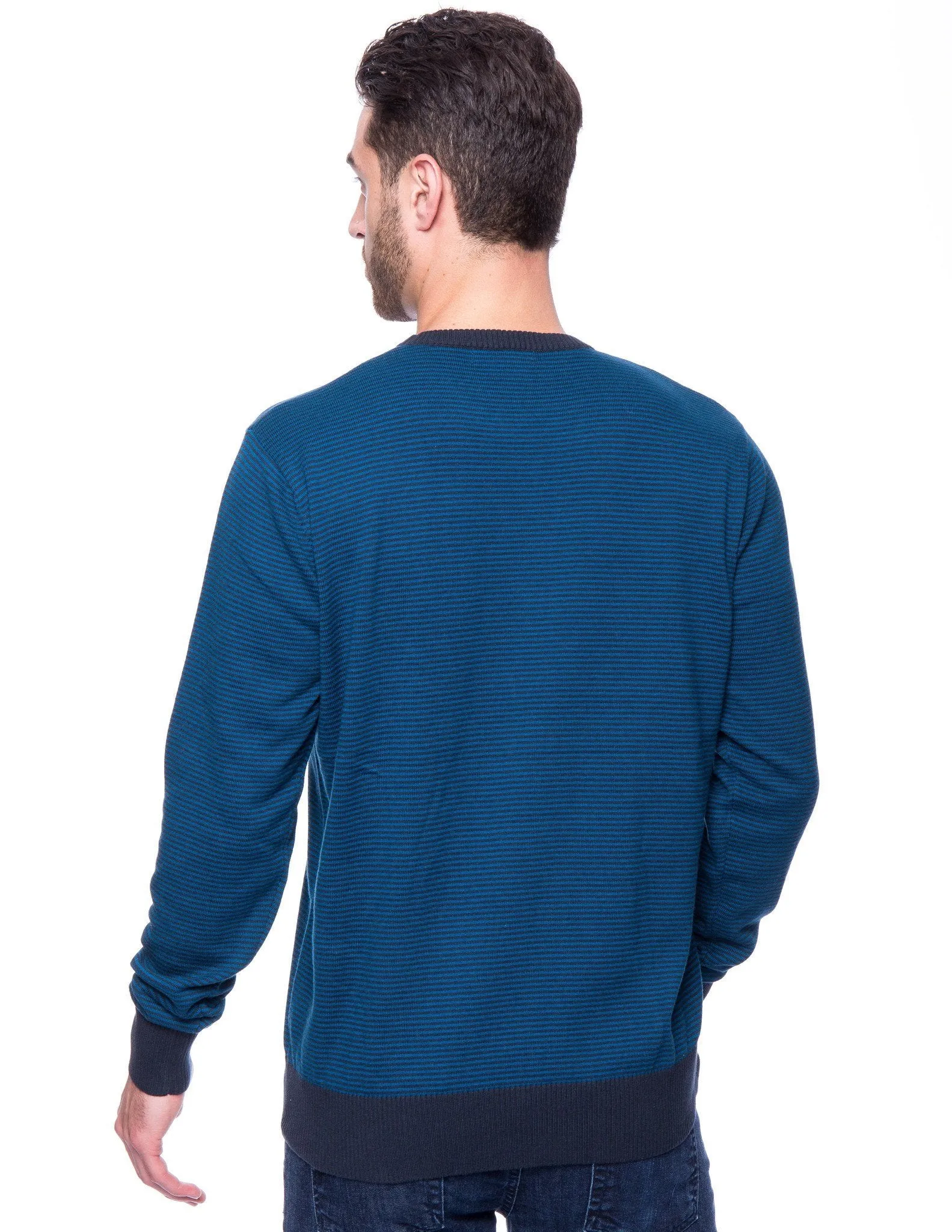 Men's Premium 100% Cotton Crew Neck Sweater - Stripes Navy/Dark Blue