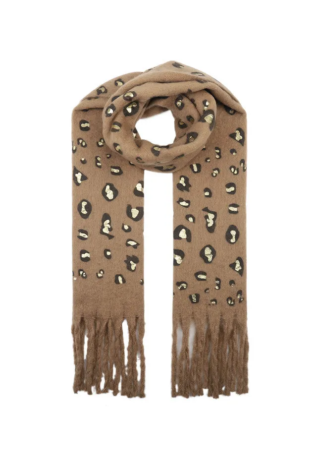 Metallic Leopard Print Tassel Scarf