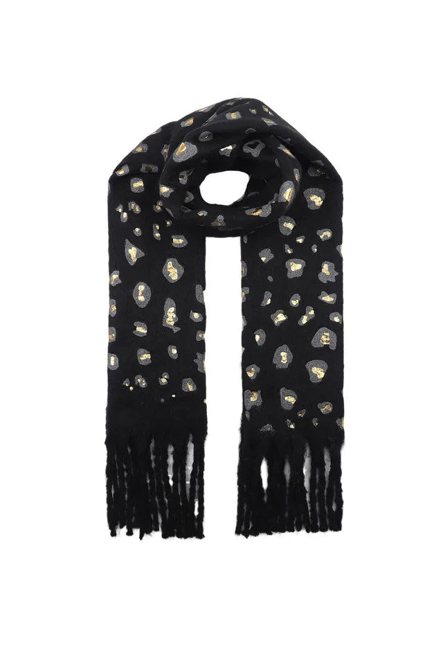 Metallic Leopard Print Tassel Scarf