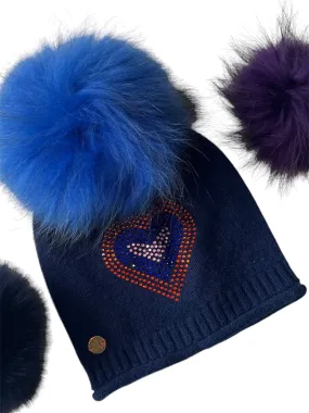 Navy cashmere plain knit beanie with heart embellishment & fur pom