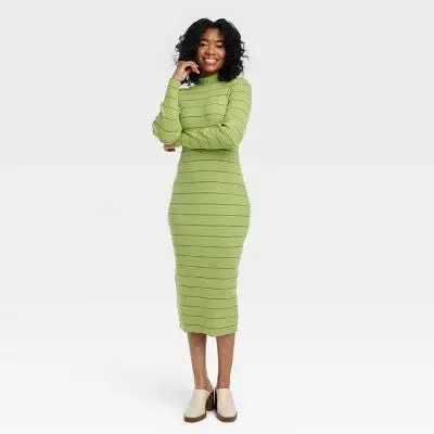 New - House of Aama Women's High Neck Midi Knit Dress Long Sleeve