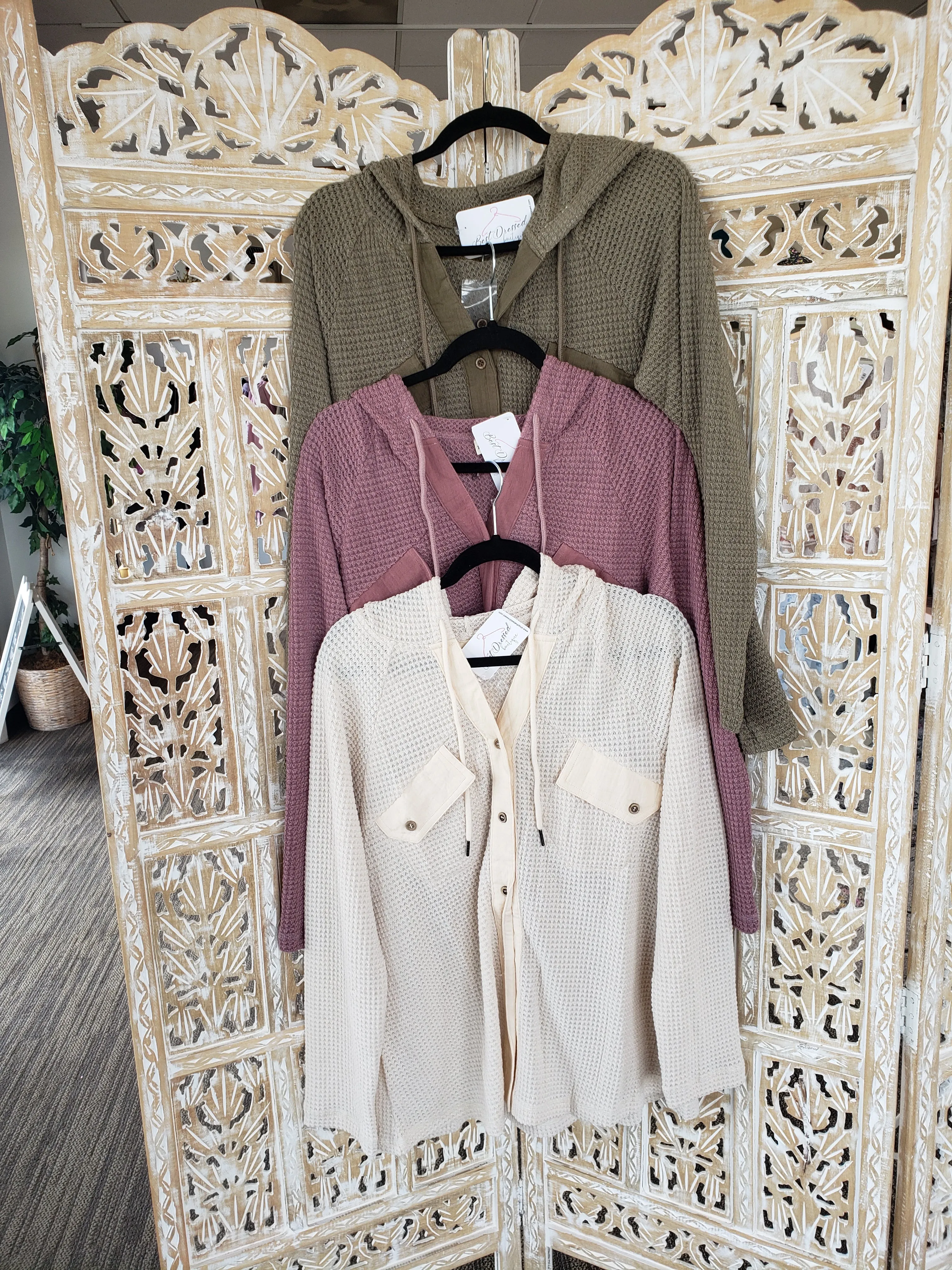 Olive Casual Hooded Waffle Button Up Top S-3XL