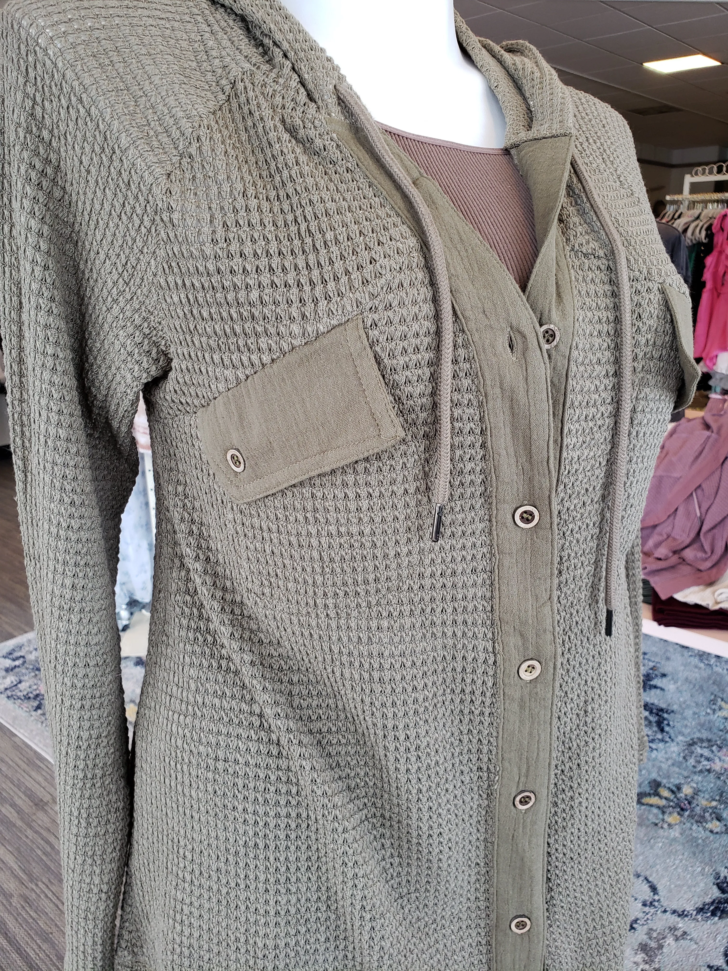 Olive Casual Hooded Waffle Button Up Top S-3XL