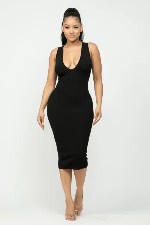 Olivia V-Cut Racerback Midi Dress (Black)