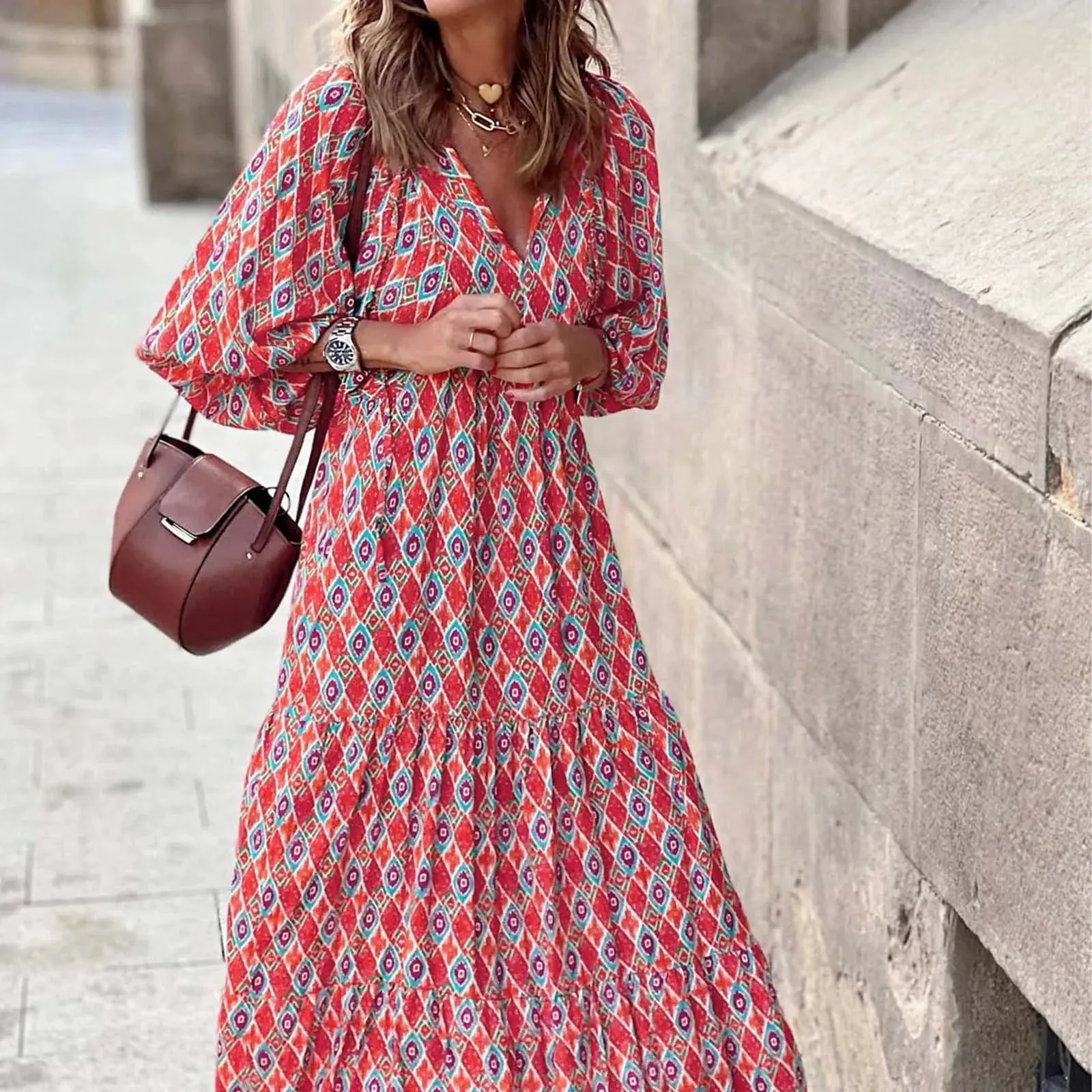 Party Long Sleeves Holiday Beach Casual Oversized Lace Up Boho Floral Print Summer Midi Elegant Dress