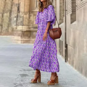 Party Long Sleeves Holiday Beach Casual Oversized Lace Up Boho Floral Print Summer Midi Elegant Dress