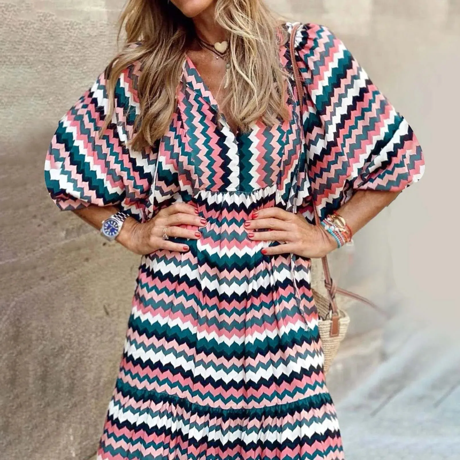 Party Long Sleeves Holiday Beach Casual Oversized Lace Up Boho Floral Print Summer Midi Elegant Dress