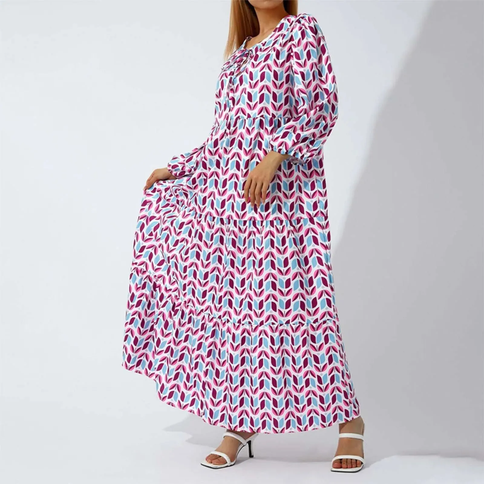 Party Long Sleeves Holiday Beach Casual Oversized Lace Up Boho Floral Print Summer Midi Elegant Dress