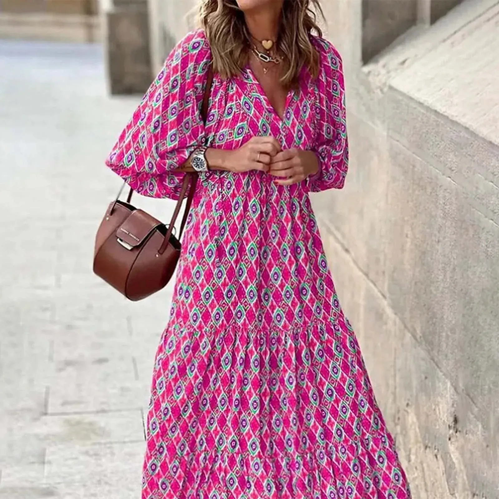 Party Long Sleeves Holiday Beach Casual Oversized Lace Up Boho Floral Print Summer Midi Elegant Dress