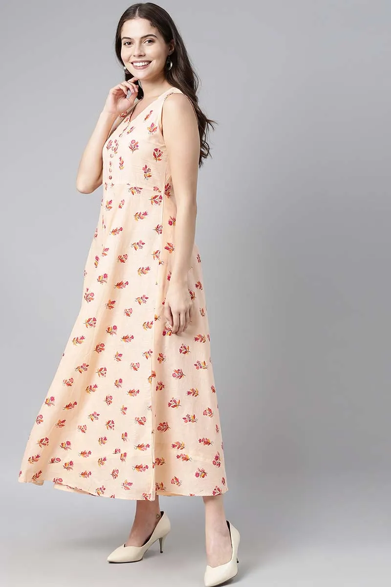 Peach Pure Cotton Floral Printed Maxi Dress