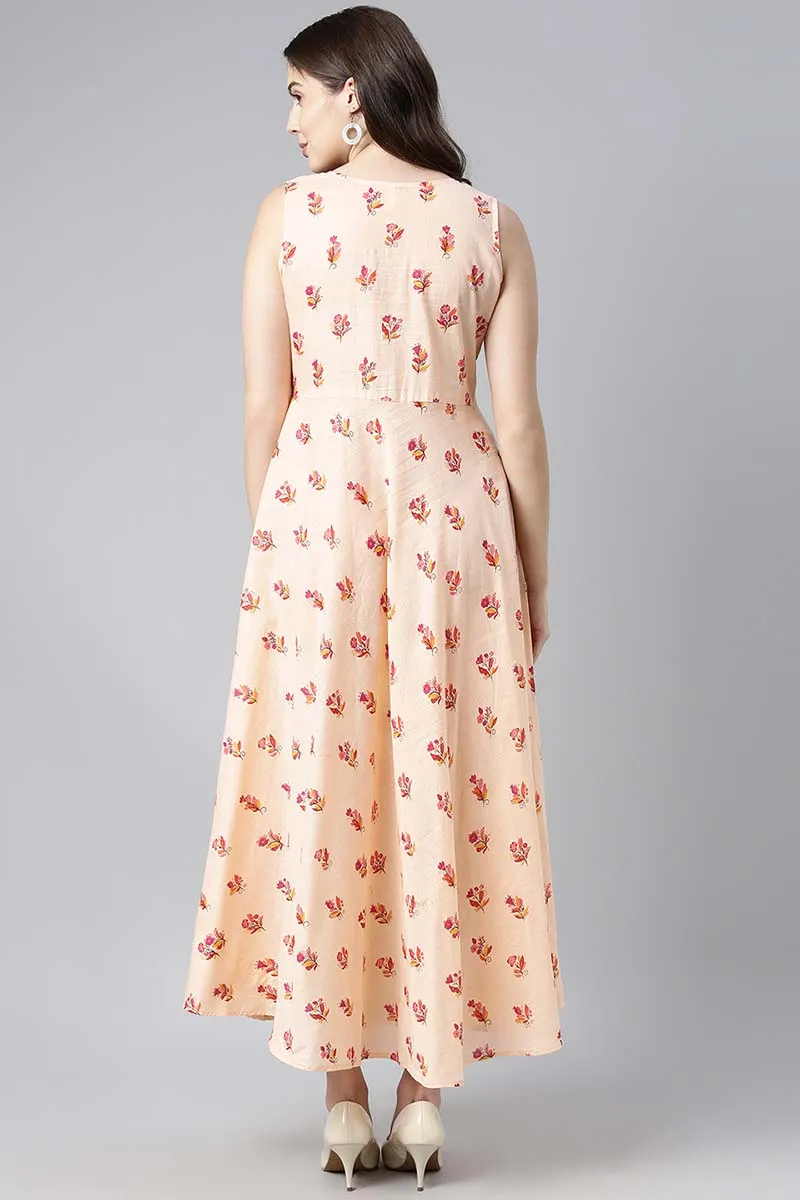 Peach Pure Cotton Floral Printed Maxi Dress