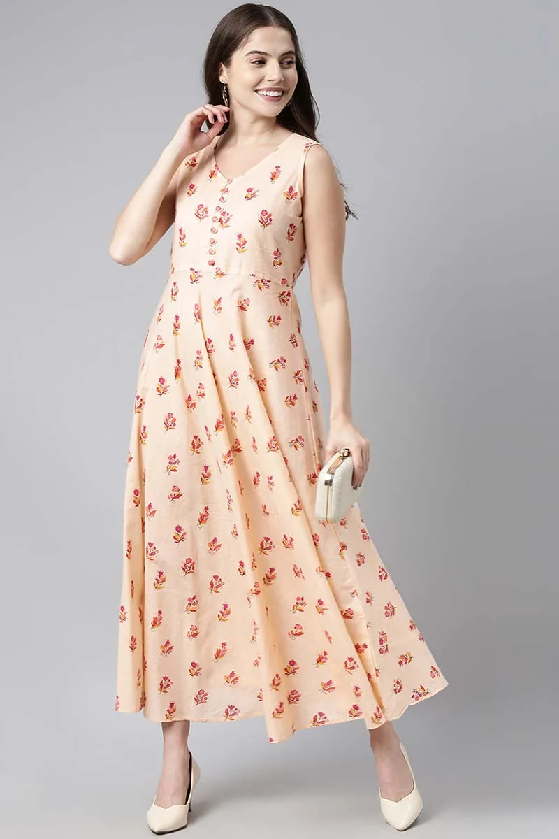 Peach Pure Cotton Floral Printed Maxi Dress