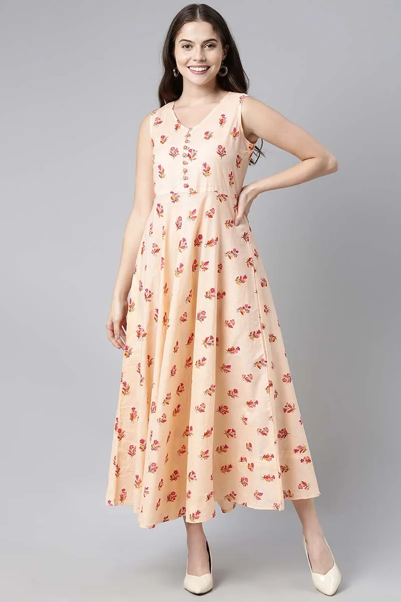 Peach Pure Cotton Floral Printed Maxi Dress