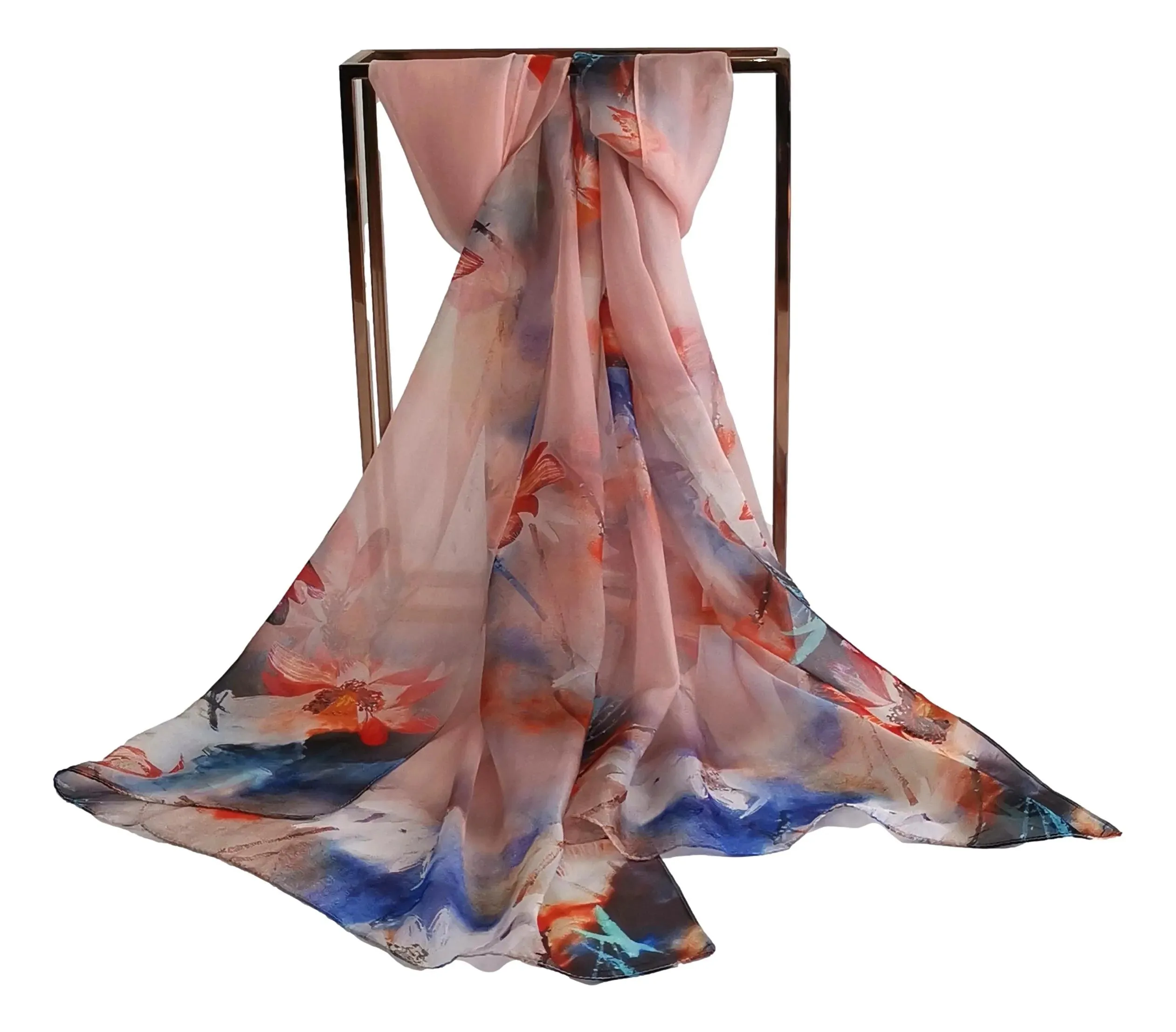 Pink and Blue Print Chiffon Silk Scarf