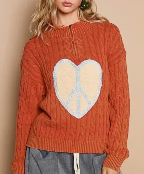 POL Cable-Knit Orange-Red Sweater Peace Patch Half Zip Mock Neck Long Sleeve