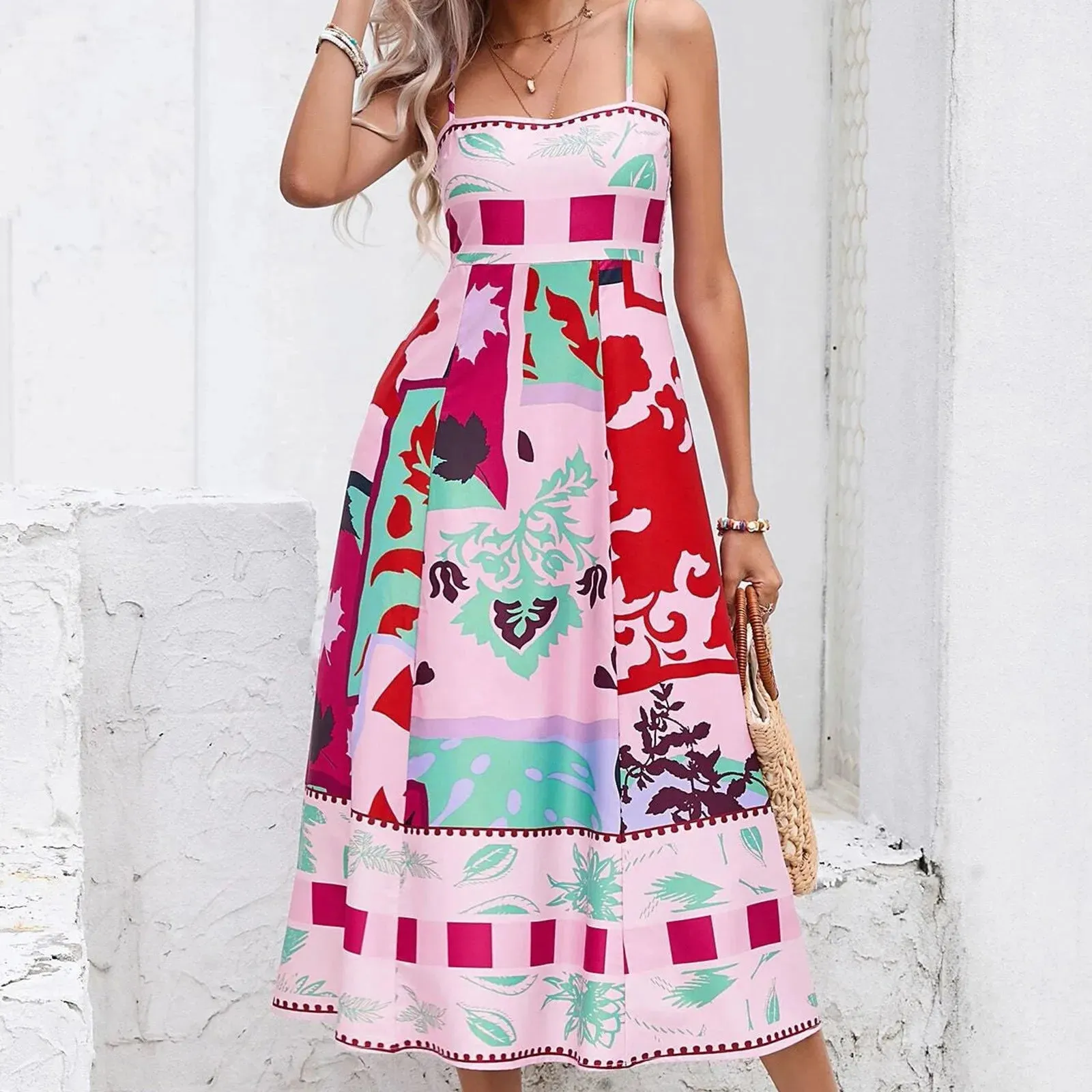 Print Sexy A-Line Big Swing Backless Sleeveless Camisole Midi Graffiti Dress