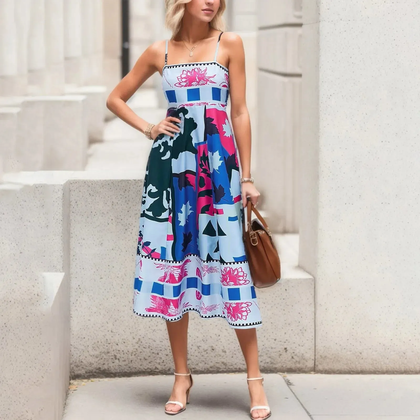 Print Sexy A-Line Big Swing Backless Sleeveless Camisole Midi Graffiti Dress