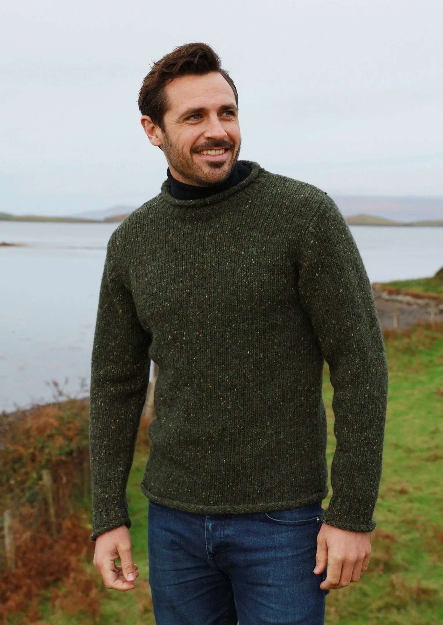 Raheen Tweed Roll Neck Mens Sweater | Green