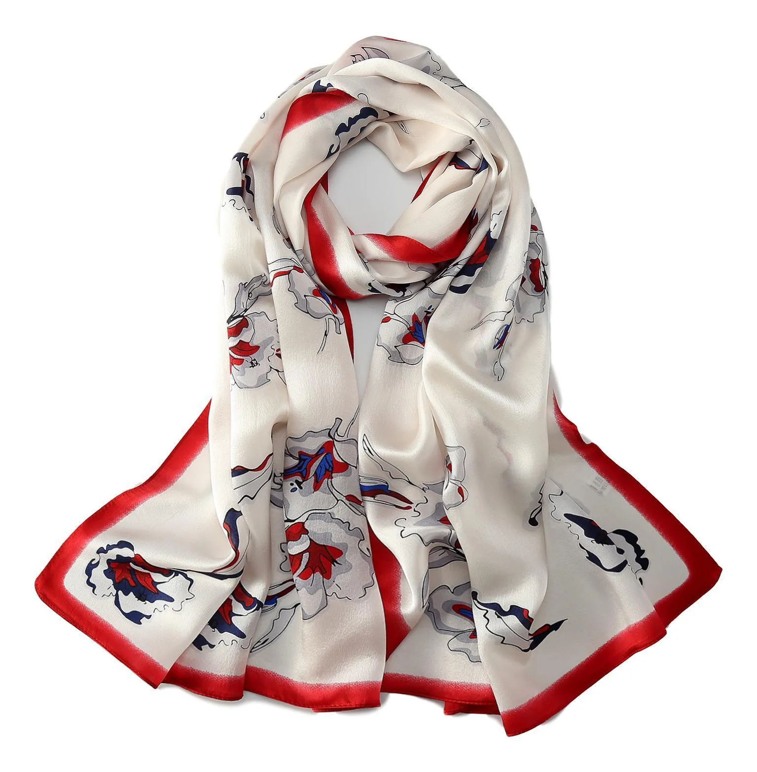 Red and White Print Silk Long Scarf