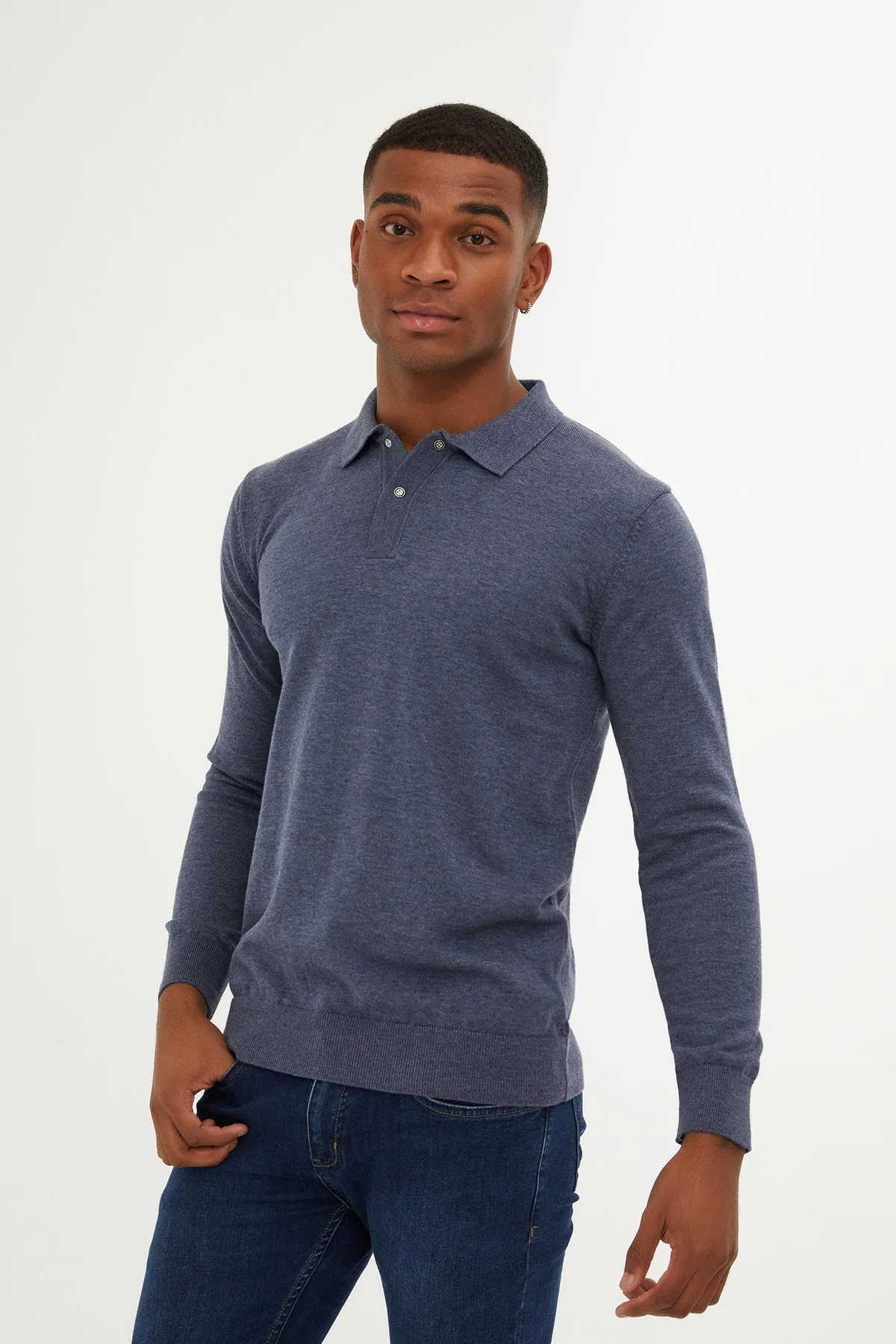 Regular Fit Cotton Blend Blue Polo Sweater