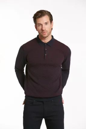 Regular Fit Cotton Blend Navy - Light Burgundy Polo Sweater