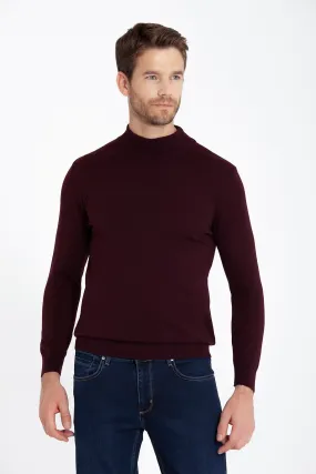 Regular Fit Patterned Cotton Blend Gray Mock Neck Sweater, Burgundy