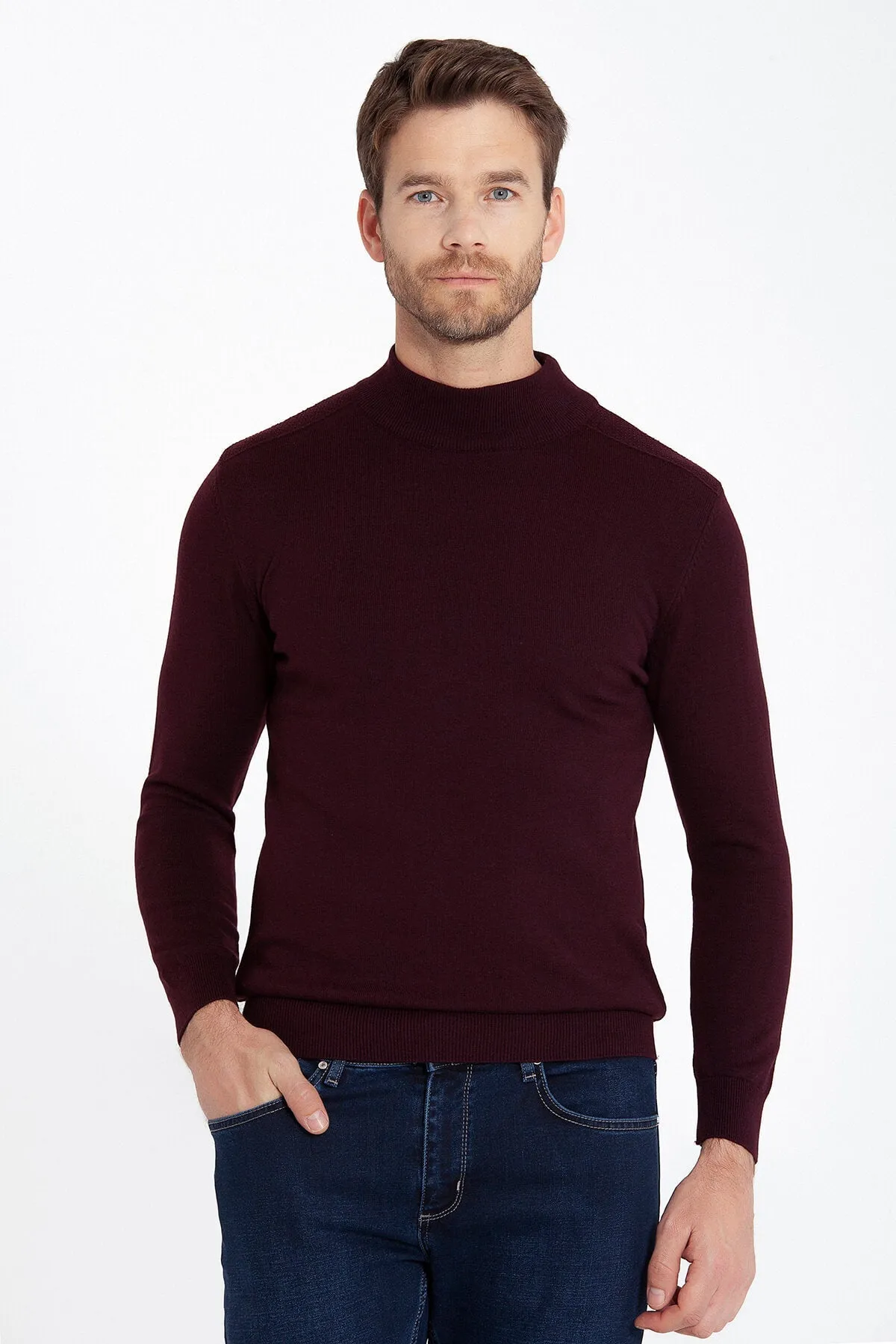 Regular Fit Patterned Cotton Blend Gray Mock Neck Sweater, Burgundy