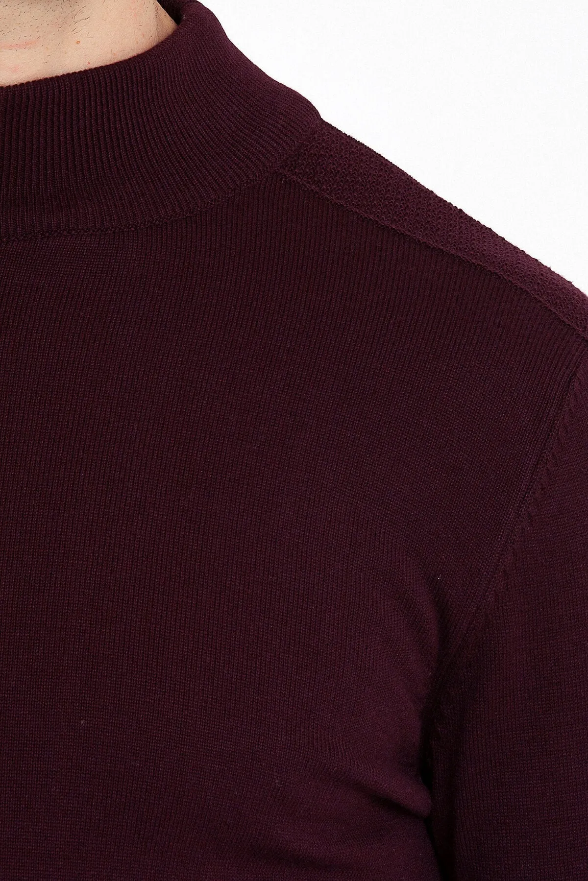 Regular Fit Patterned Cotton Blend Gray Mock Neck Sweater, Burgundy