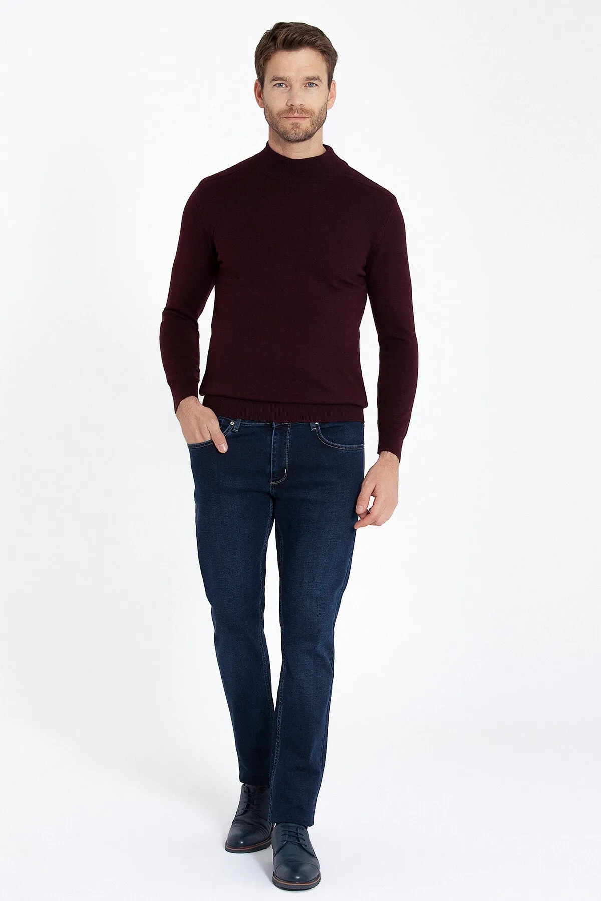 Regular Fit Patterned Cotton Blend Gray Mock Neck Sweater, Burgundy