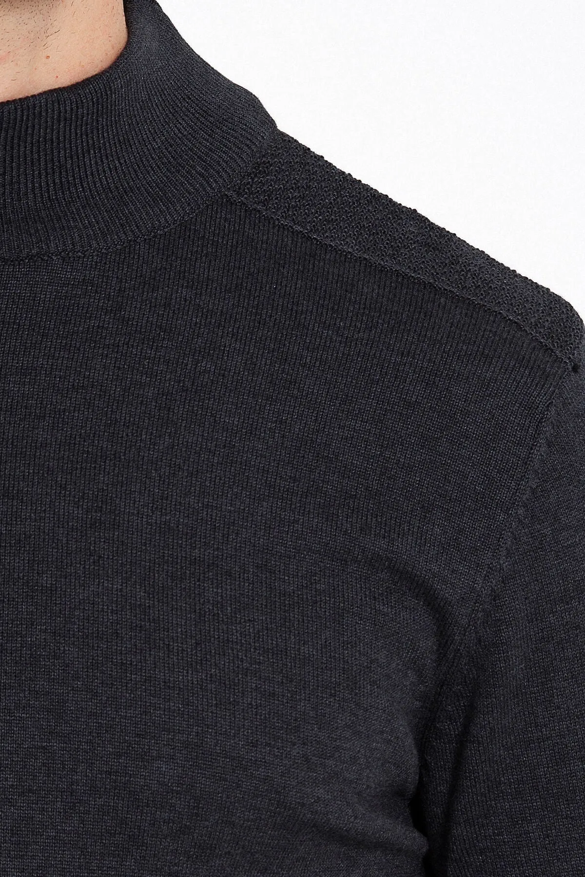 Regular Fit Patterned Cotton Blend Gray Mock Neck Sweater, Charcoal Melange