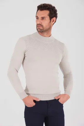 Regular Fit Plain Cotton Blend Bone Mock Neck Sweater, Bone