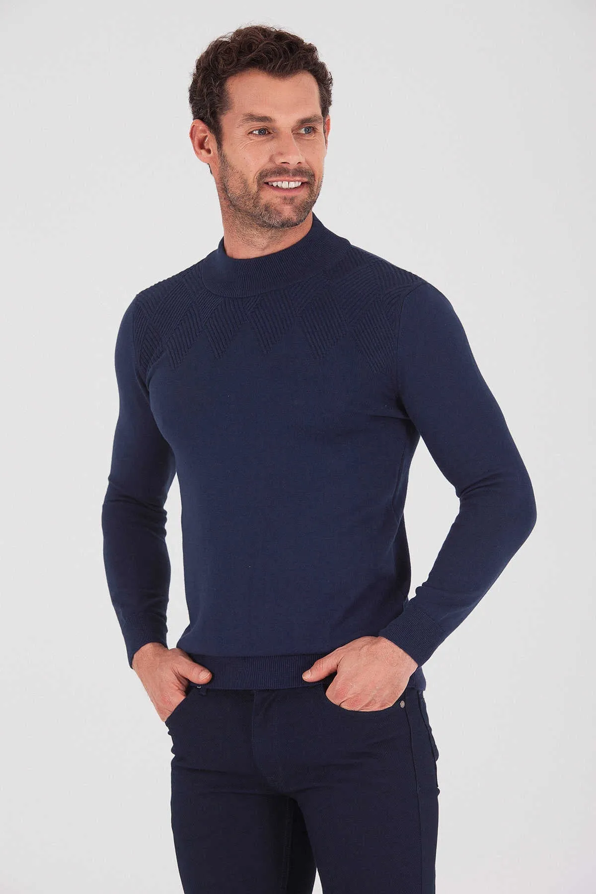 Regular Fit Plain Cotton Blend Bone Mock Neck Sweater, Navy