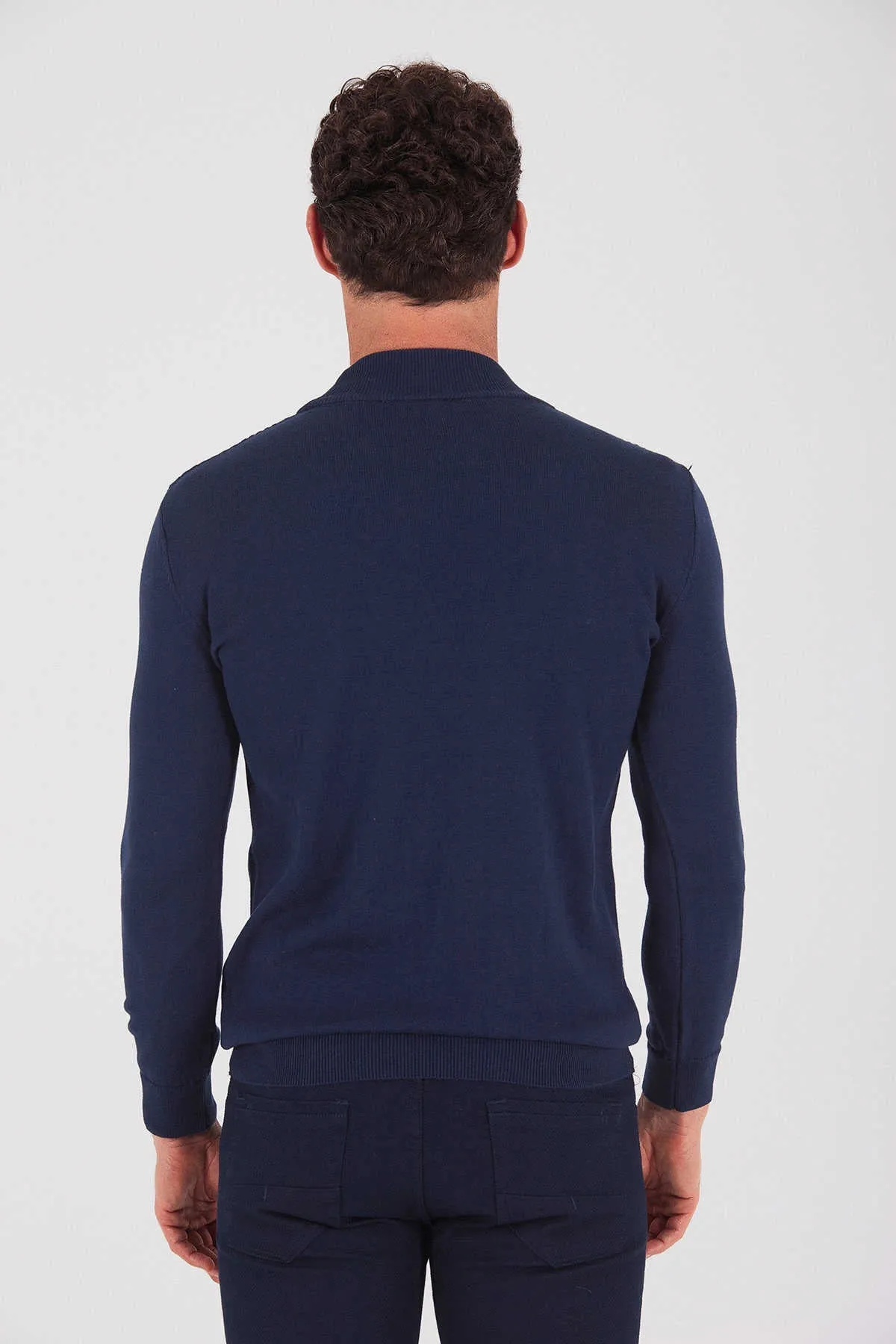 Regular Fit Plain Cotton Blend Bone Mock Neck Sweater, Navy