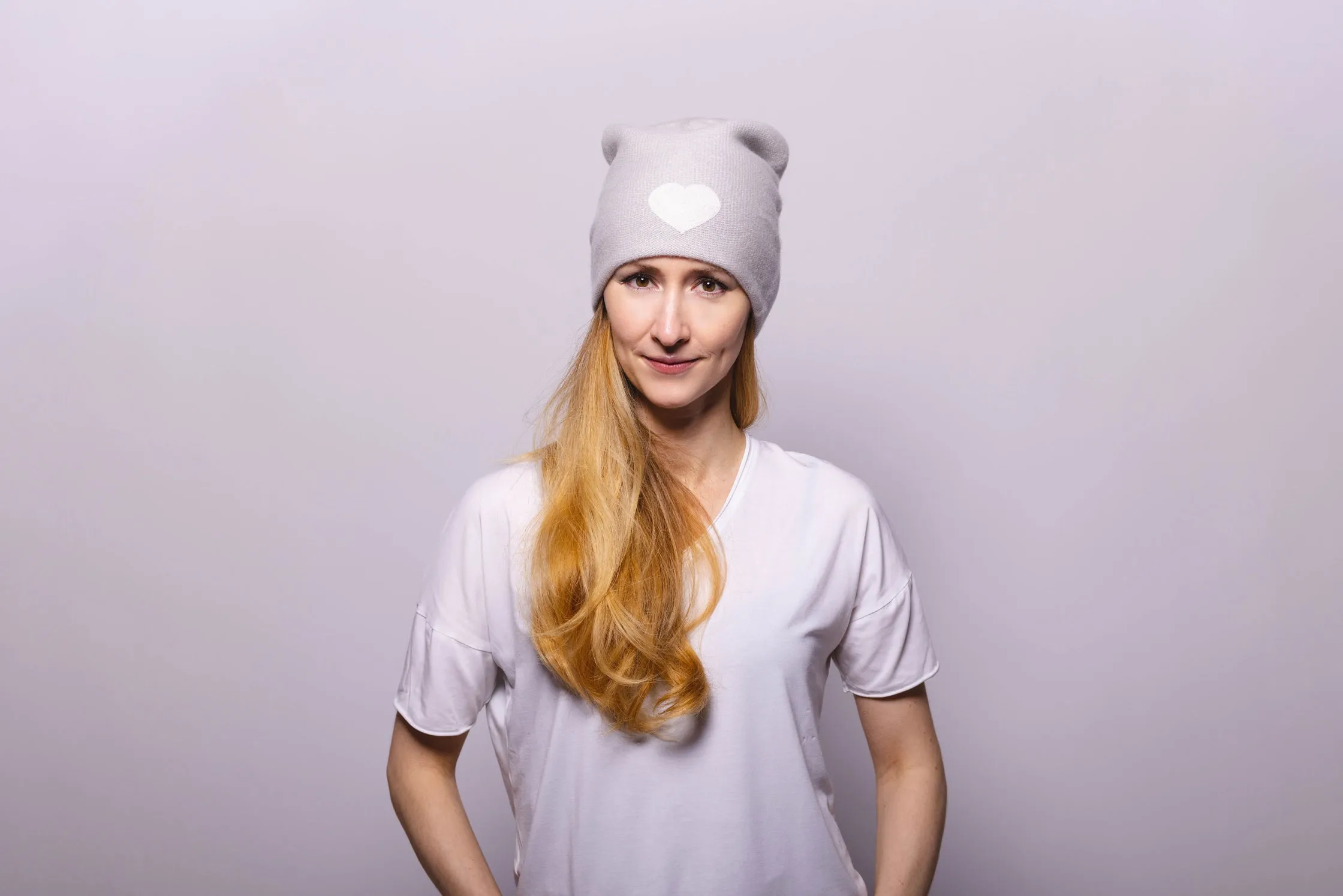 Reversible Slouchy Light Grey Cashmere Hat with white Heart and Crystal Pom-Pom