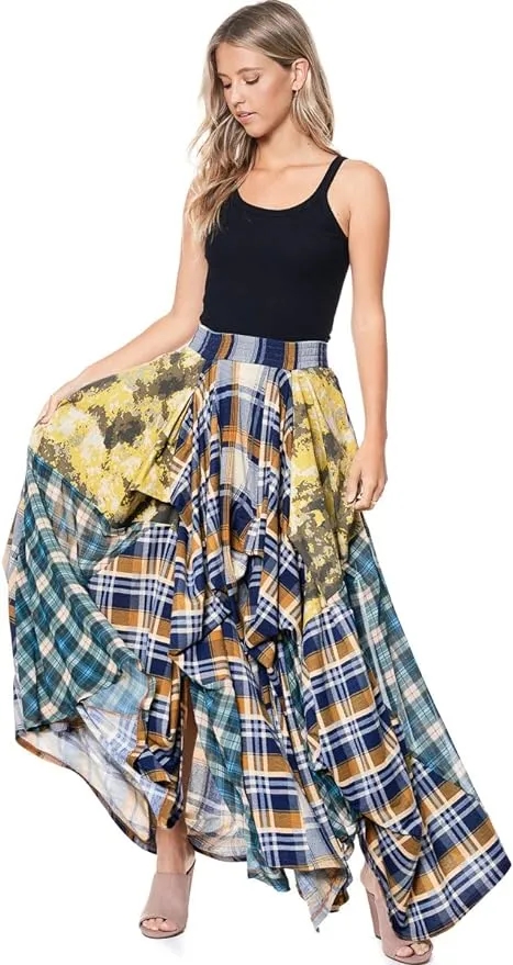 Romantic Boho Blue & Yellow Plaid Asymmetrical Tov The Damsel`s Maxi Skirt