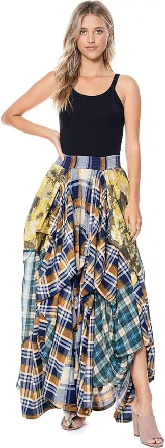 Romantic Boho Blue & Yellow Plaid Asymmetrical Tov The Damsel`s Maxi Skirt