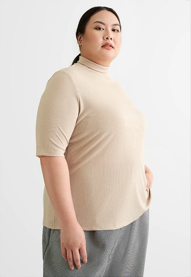 Rosalyn Ribbed Short Sleeve Turtleneck Top - Beige