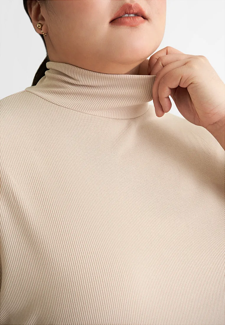 Rosalyn Ribbed Short Sleeve Turtleneck Top - Beige