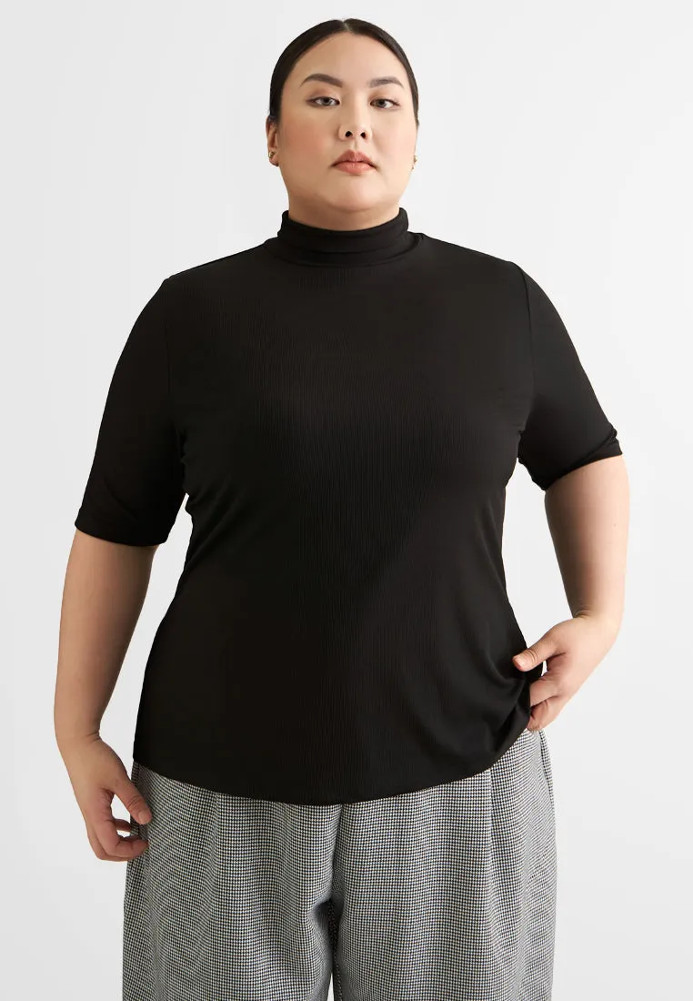 Rosalyn Ribbed Short Sleeve Turtleneck Top - Black