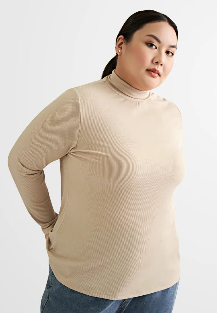 Roselinda Ribbed Long Sleeve Turtleneck Top - Beige