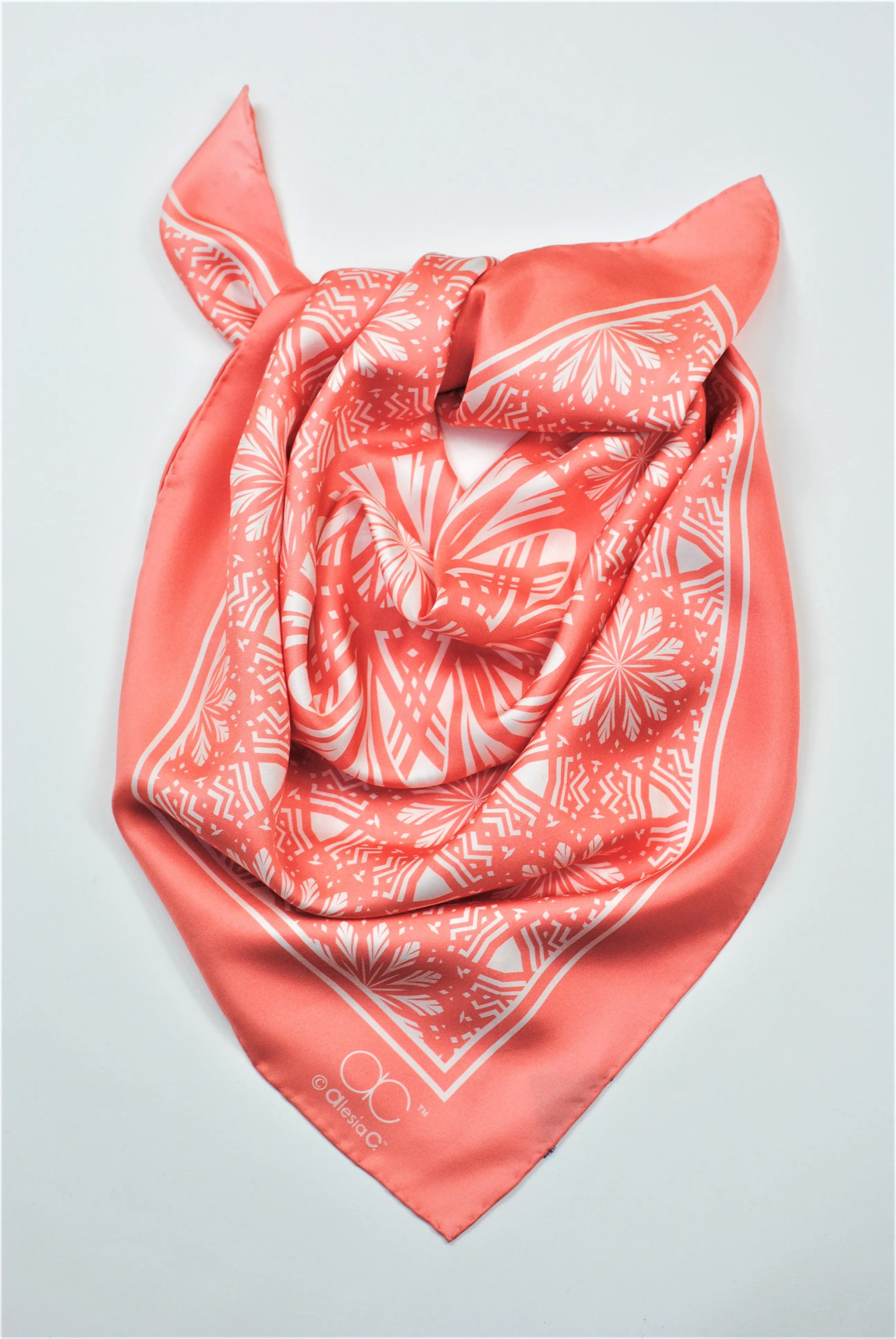 SERENITY Mandala 100% Silk Square Scarf in Peach White