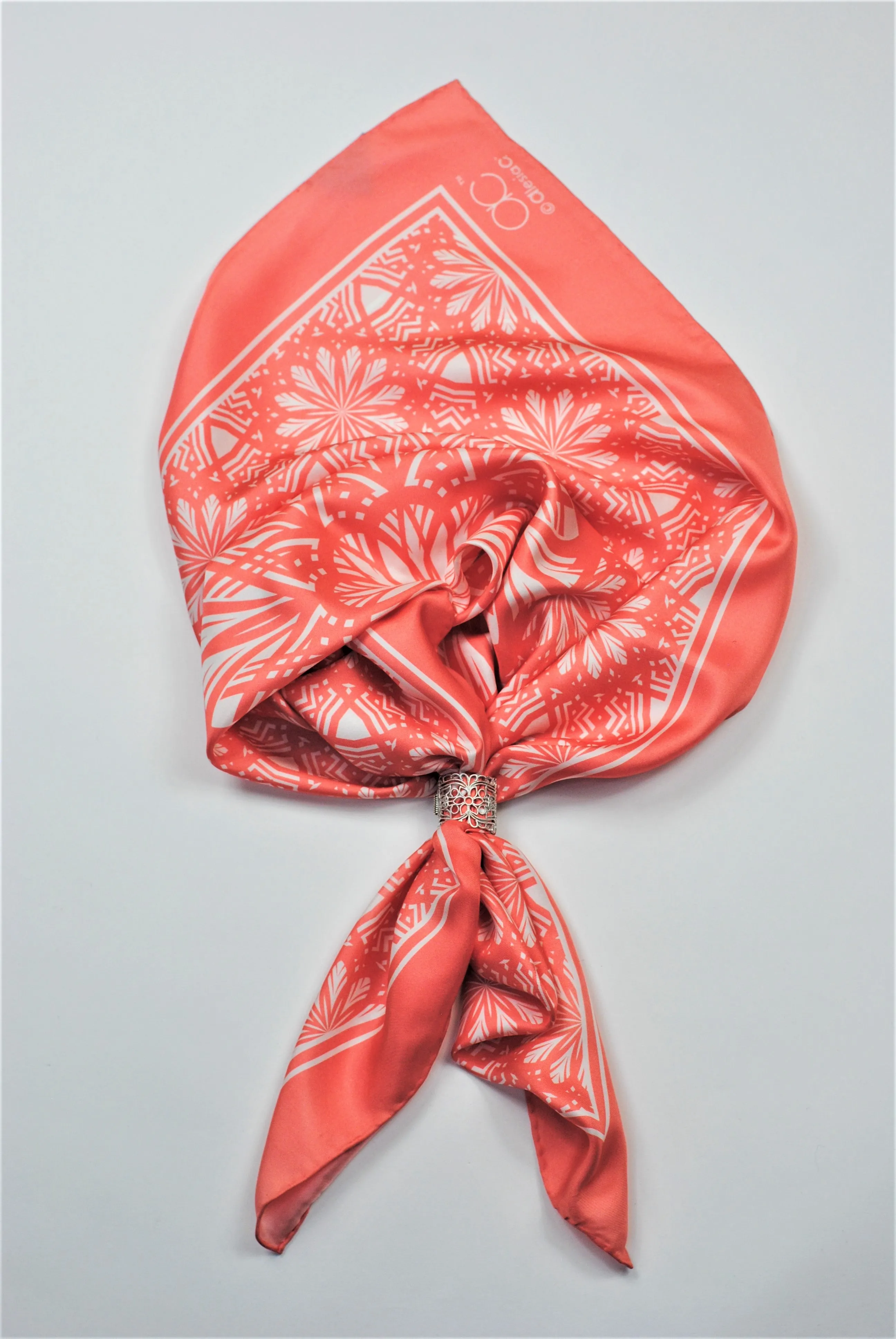 SERENITY Mandala 100% Silk Square Scarf in Peach White