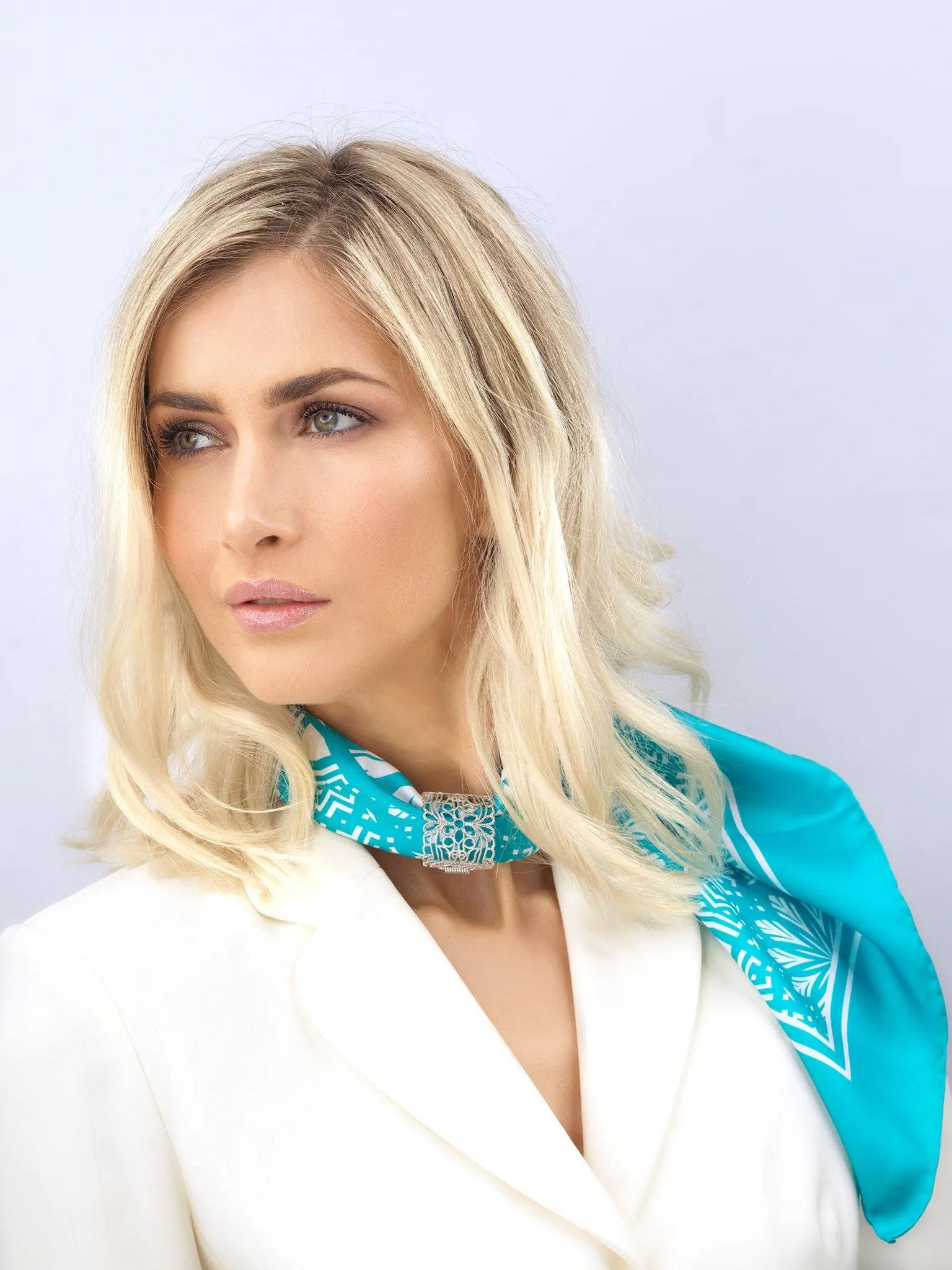 SERENITY Mandala 100% Silk Square Scarf in Turquoise White