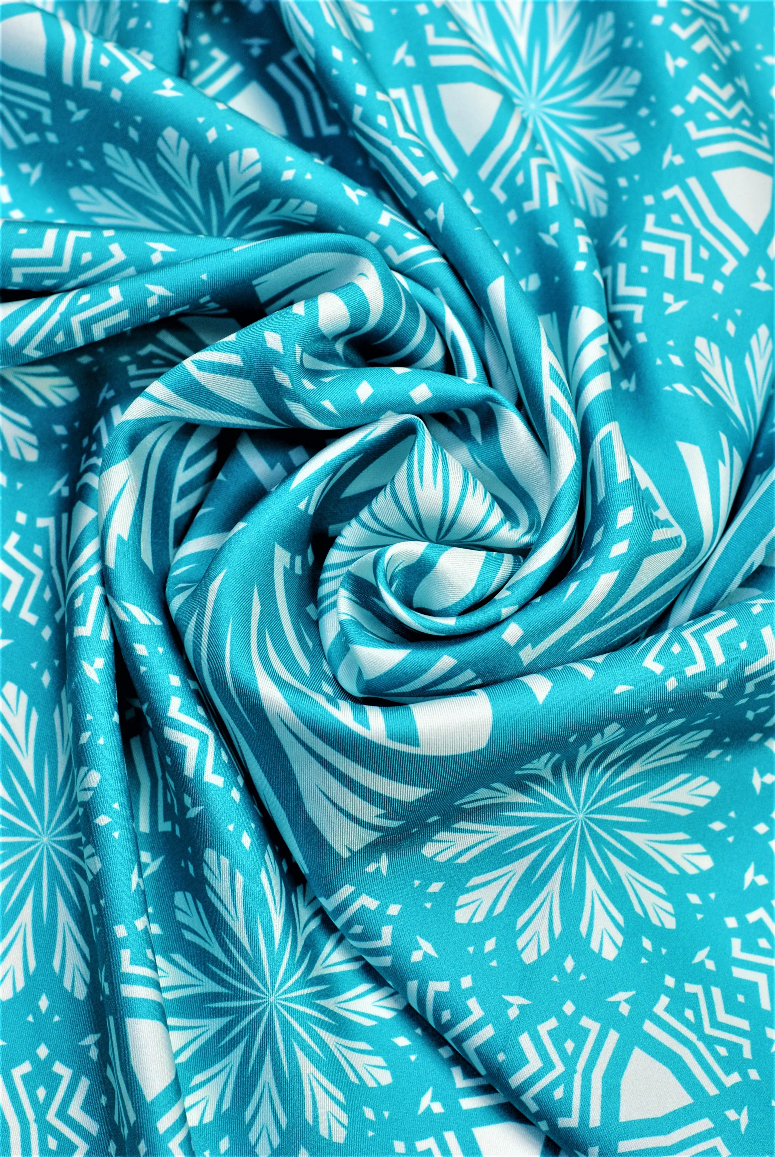 SERENITY Mandala 100% Silk Square Scarf in Turquoise White