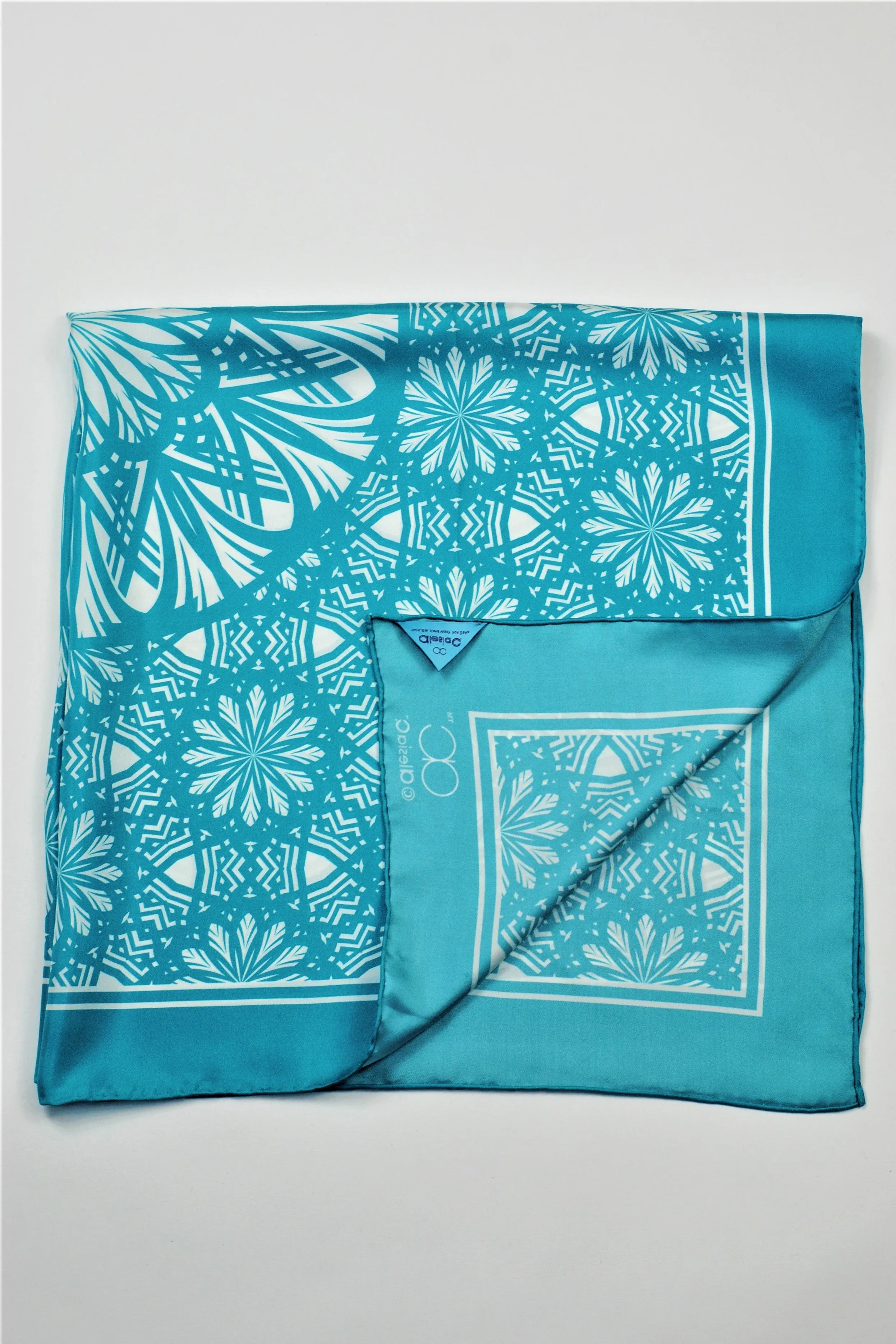 SERENITY Mandala 100% Silk Square Scarf in Turquoise White