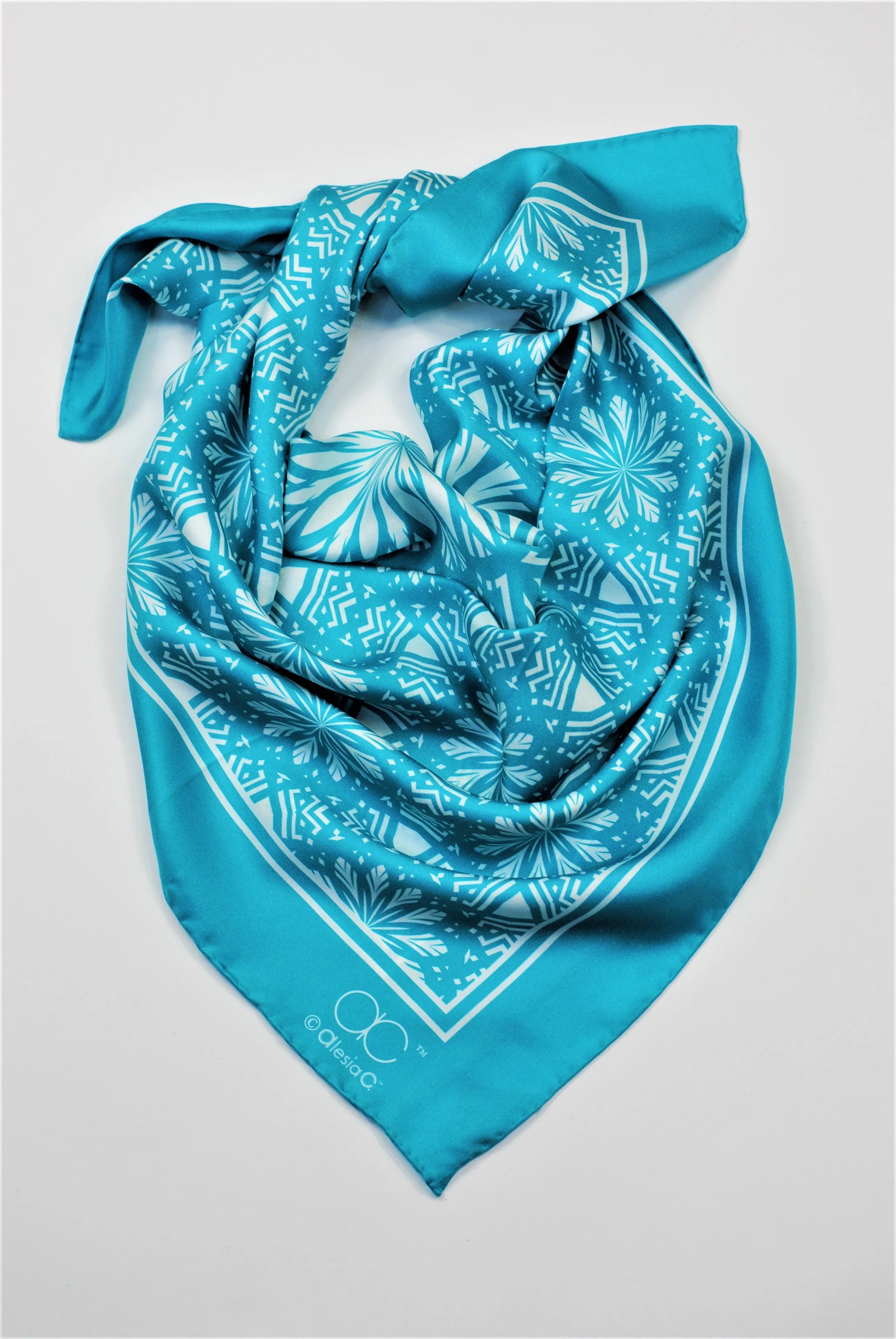 SERENITY Mandala 100% Silk Square Scarf in Turquoise White