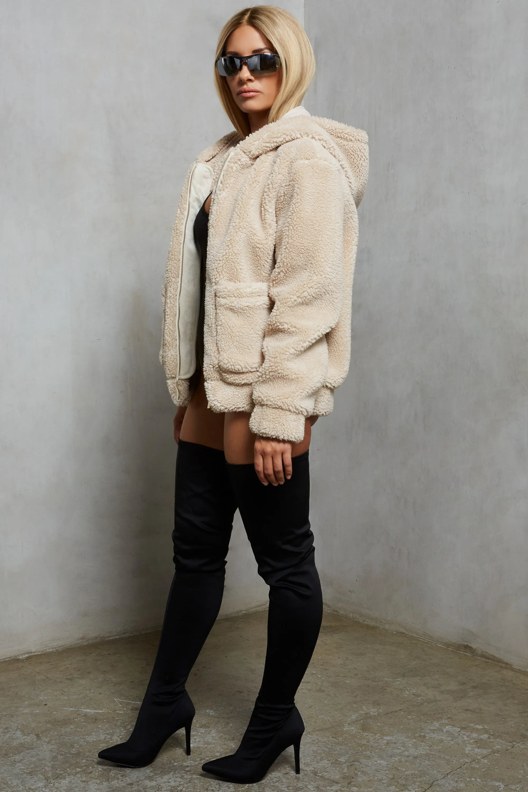 Shearling Hooded Faux Fur Teddy Jacket in Beige