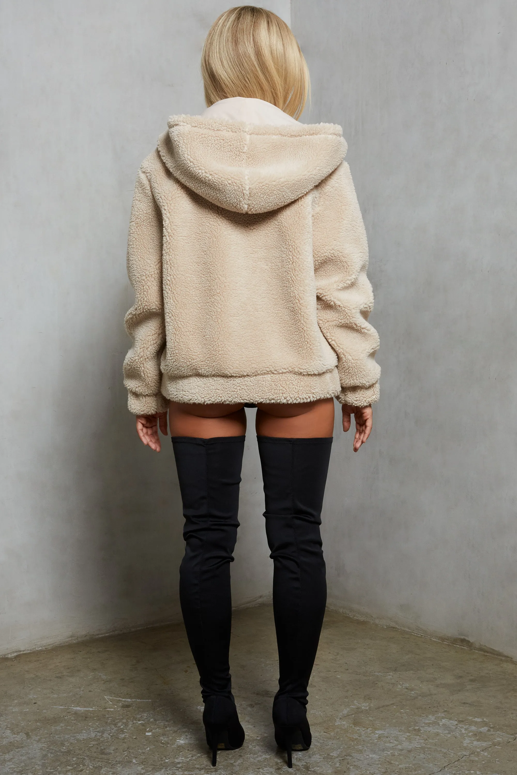 Shearling Hooded Faux Fur Teddy Jacket in Beige