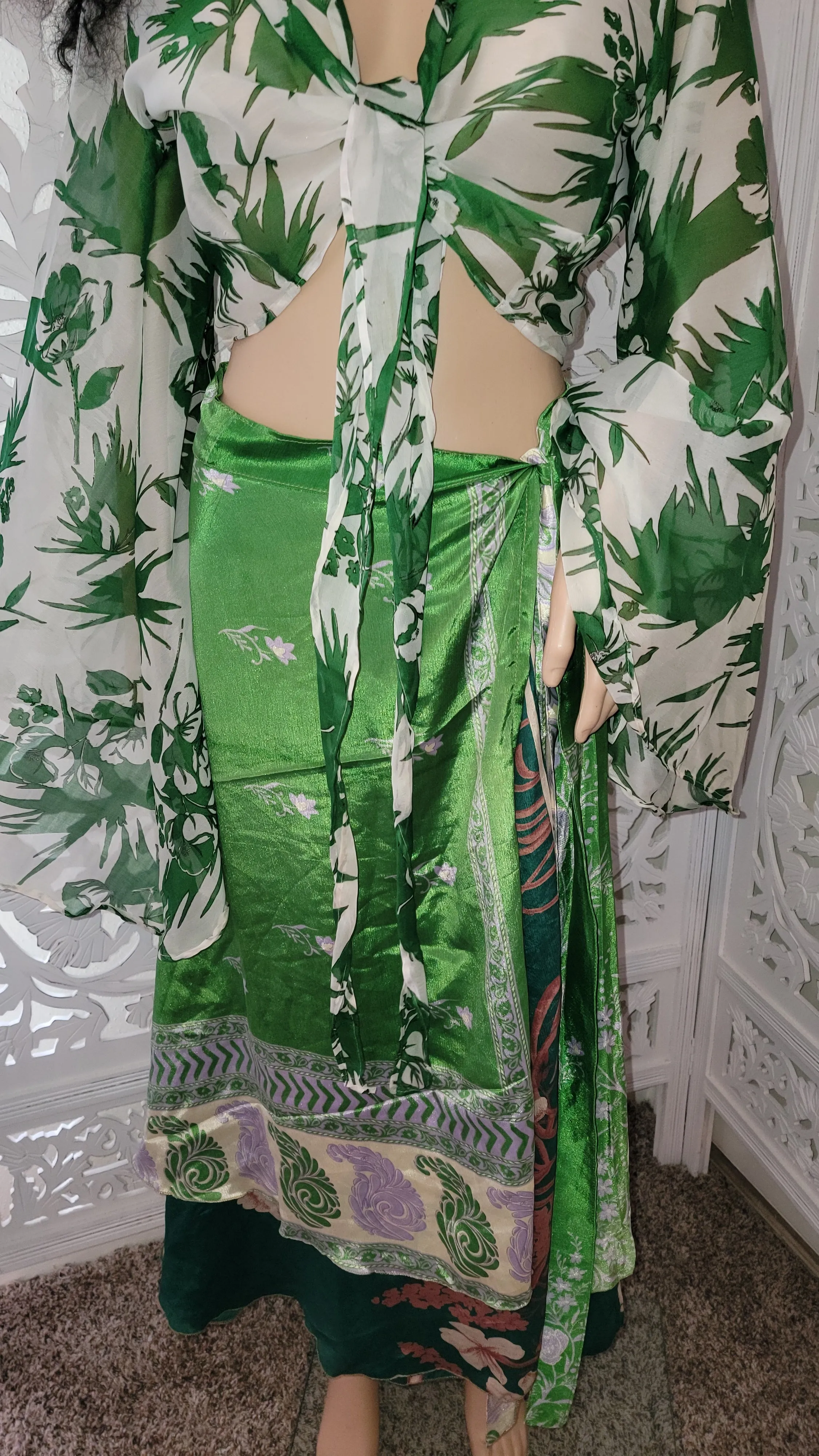 Silk Green Print Boho Reversible Wrap Maxi Skirt